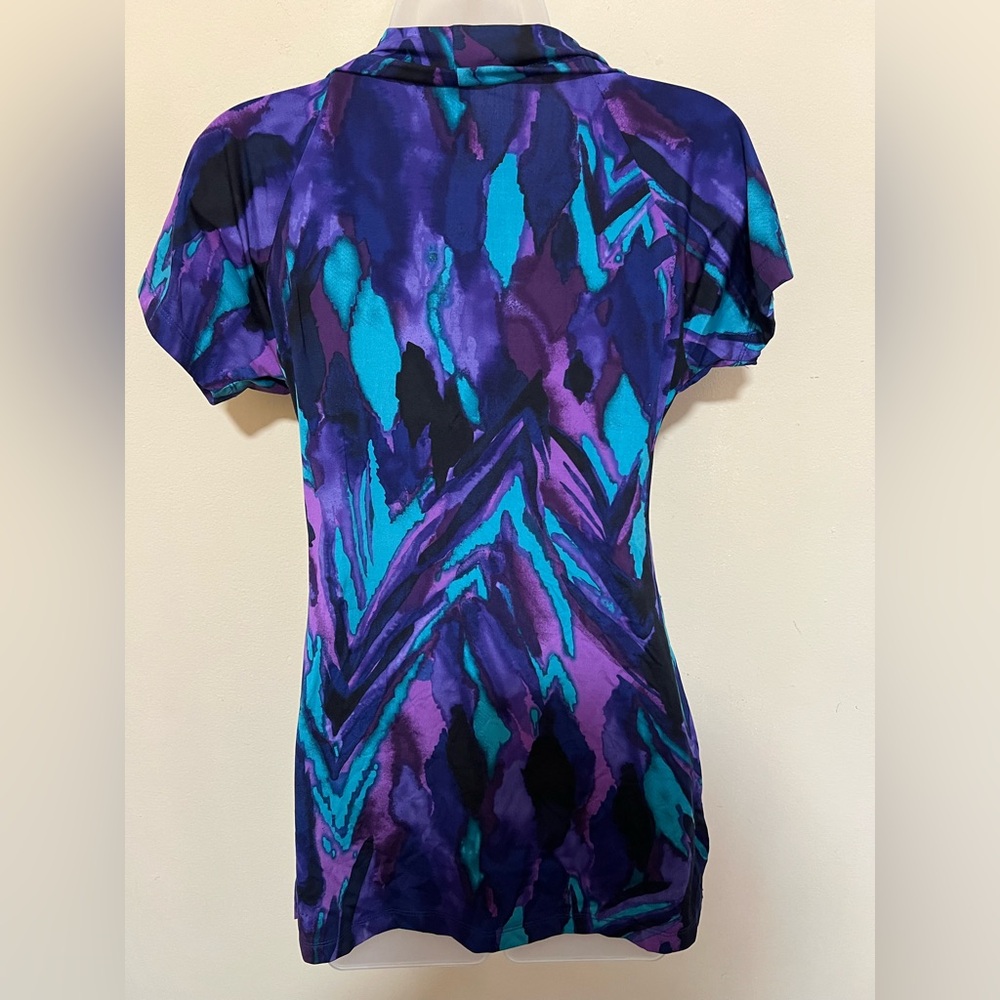 Y2K Wrapper S Cowl Neck Abstract Blouse Short Sleeve Lace Purple Teal Grunge - Picture 5 of 10